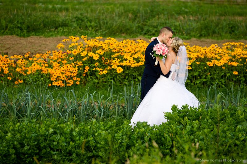 Bride and Groom kiss passionately in a field with yellow flowers in the background.