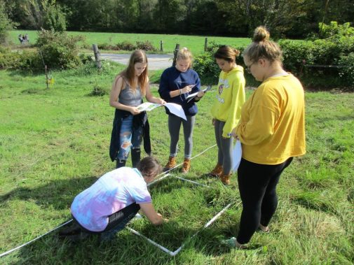high school students studying soil